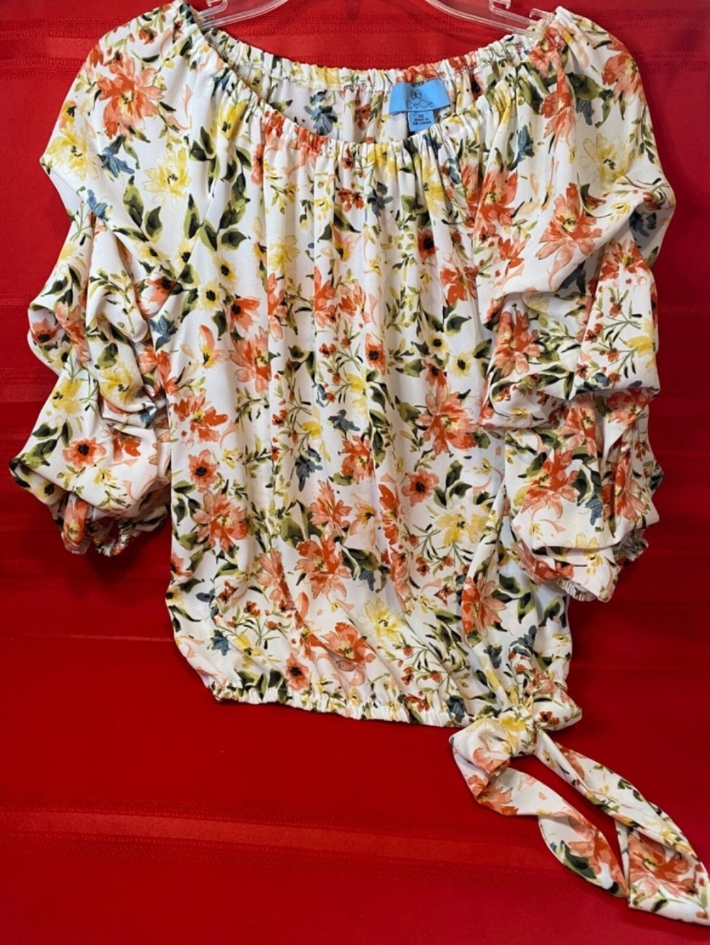 CeCe White Multi Floral Off-Shoulder Ruched Short Sleeve Tie-Hem Top, Sz L! 🍁